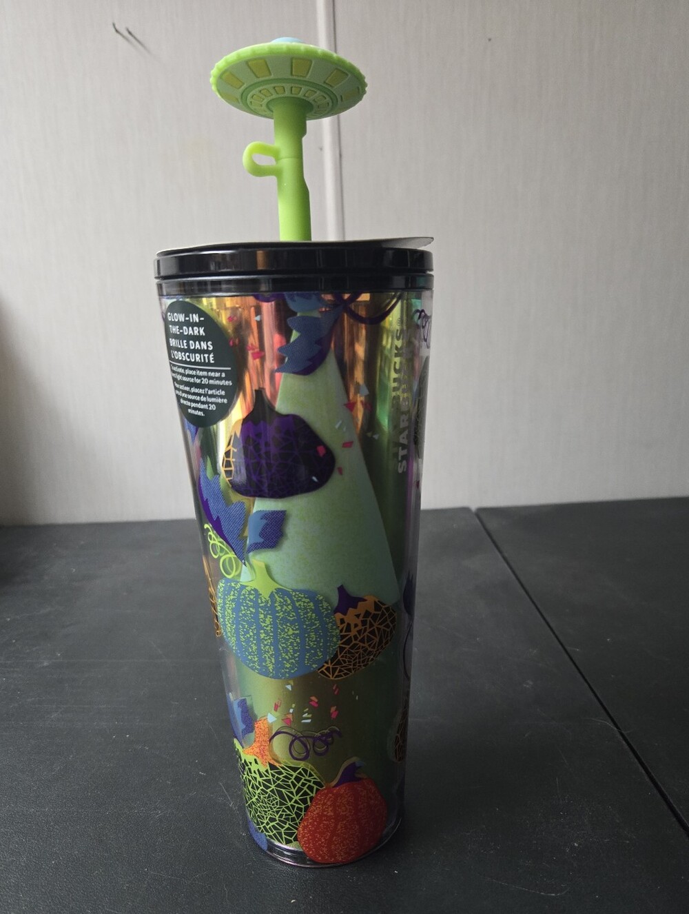 Glow-in-the-Dark Halloween Pumpkin Alien Starbucks Tumbler with Green UFO Lid